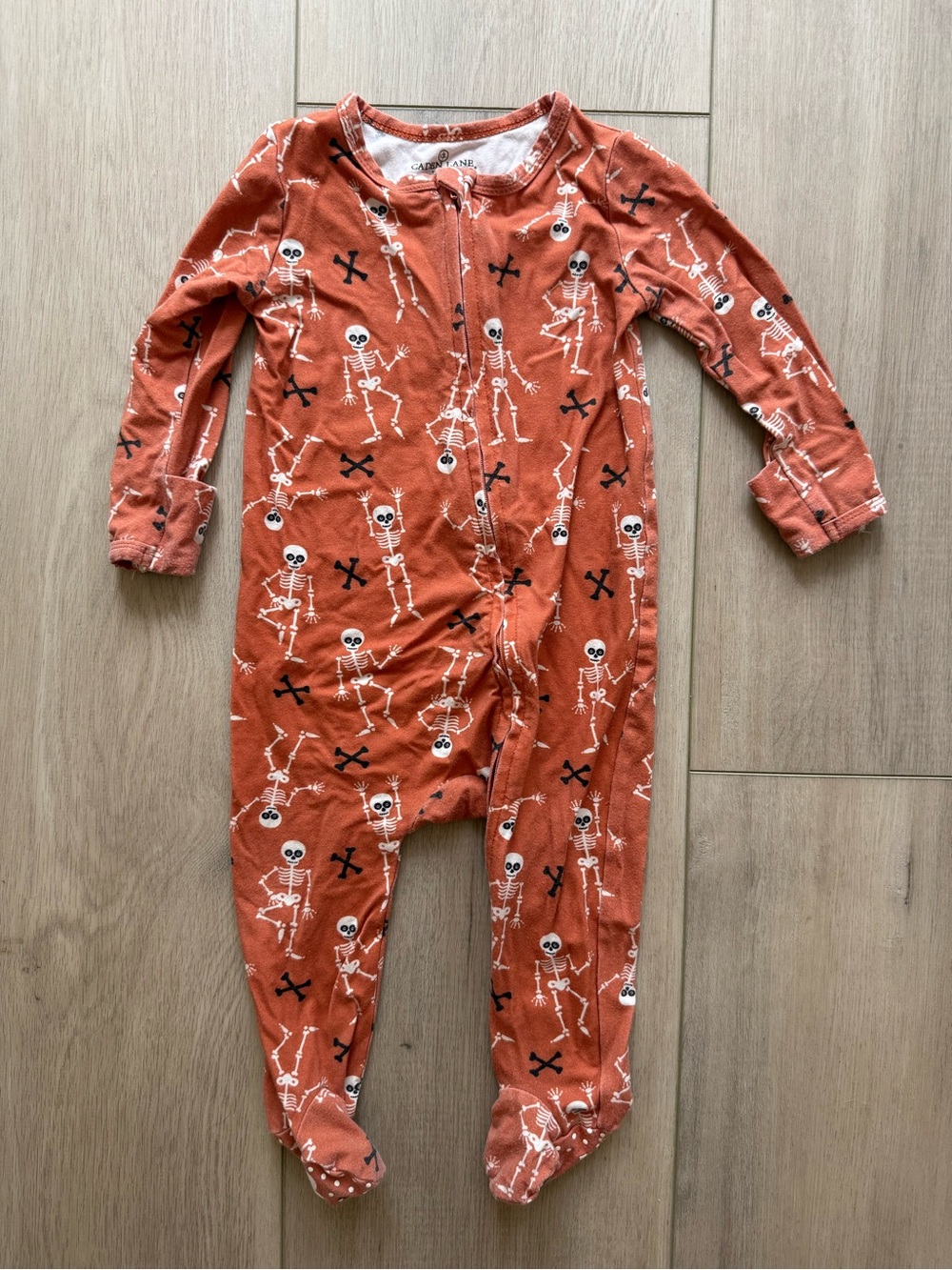 Caden Lane Halloween Orange Skeleton Print Footed One-Piece